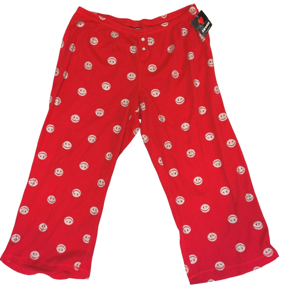 Joe Boxer Pajama Pants Womens Large Red Waffle Knit Glitter Smiley Face Y2K NWT
